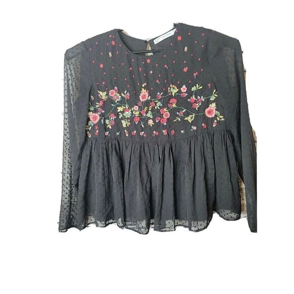 Zara Tops - Zara Trafaluc Embroidered Babydoll Swiss Dot Women's Black Shirt Size Medium t33